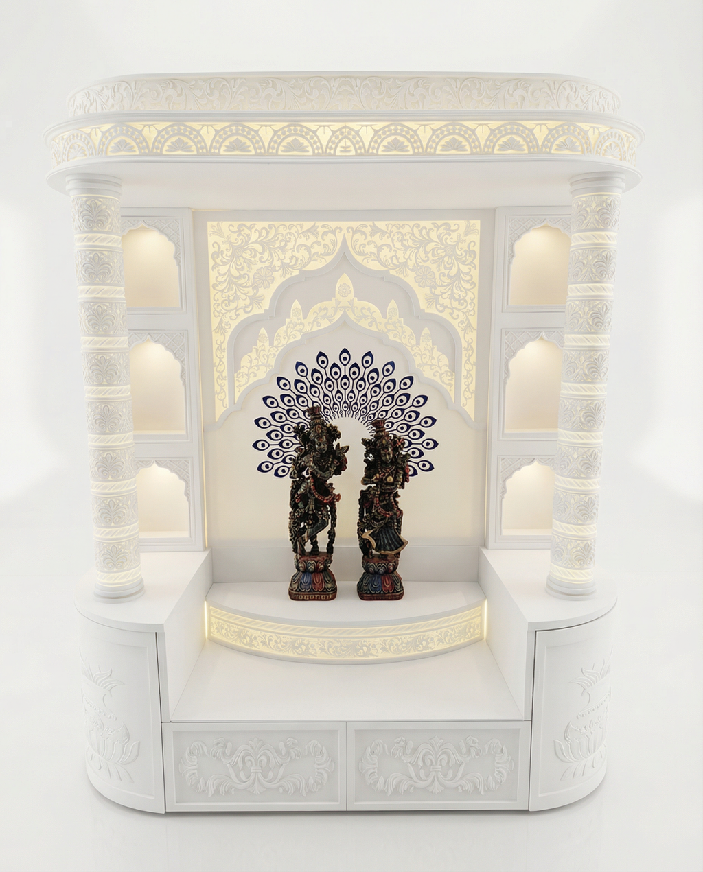 White Corian Mandir with LED Backlit Om Panel — 72" Floor-Standing Pooja Temple