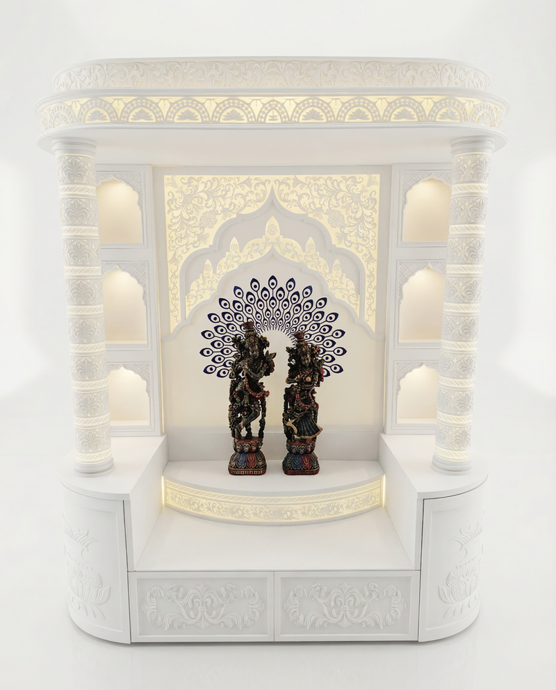 White Corian Mandir with LED Backlit Om Panel — 72" Floor-Standing Pooja Temple