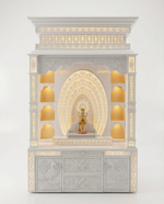 White Corian Mandir with LED Backlit Om Panel — 72" Floor-Standing Pooja Temple