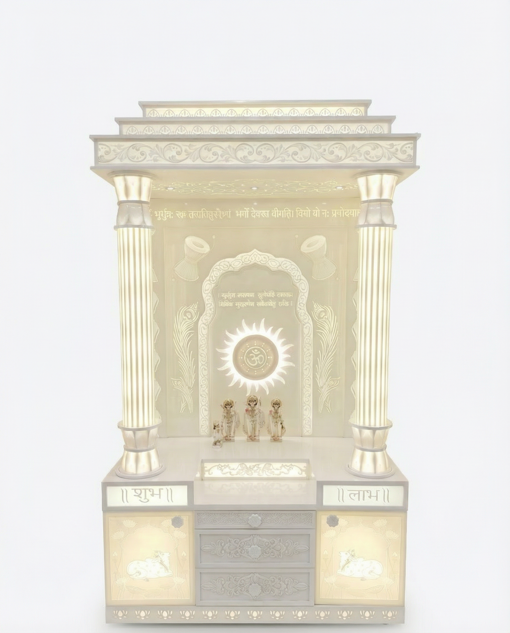 White Corian Mandir with LED Backlit Om Panel — 72" Floor-Standing Pooja Temple