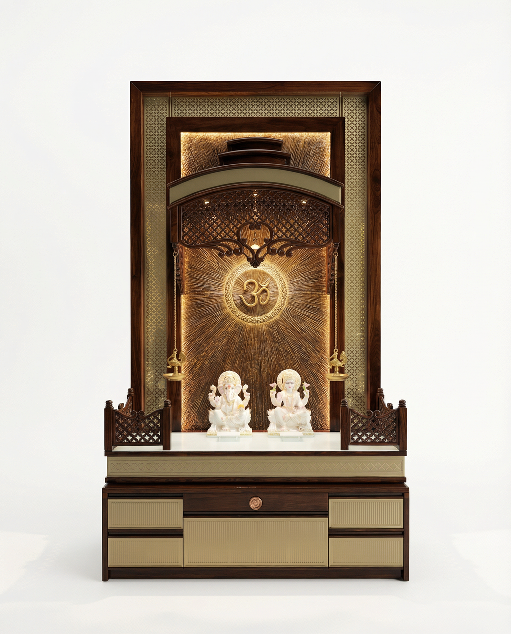 White Corian Mandir with LED Backlit Om Panel — 72" Floor-Standing Pooja Temple