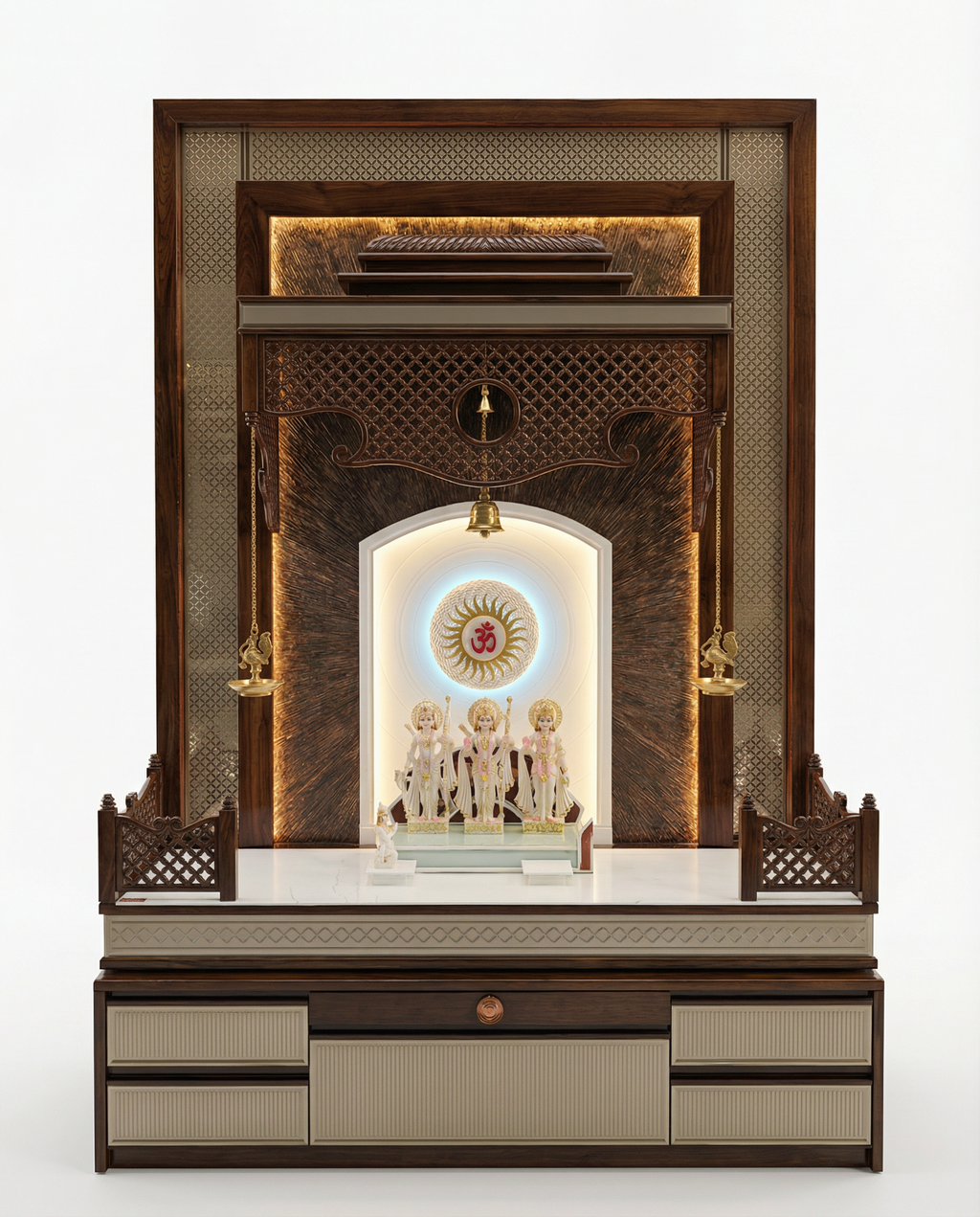 White Corian Mandir with LED Backlit Om Panel — 72" Floor-Standing Pooja Temple