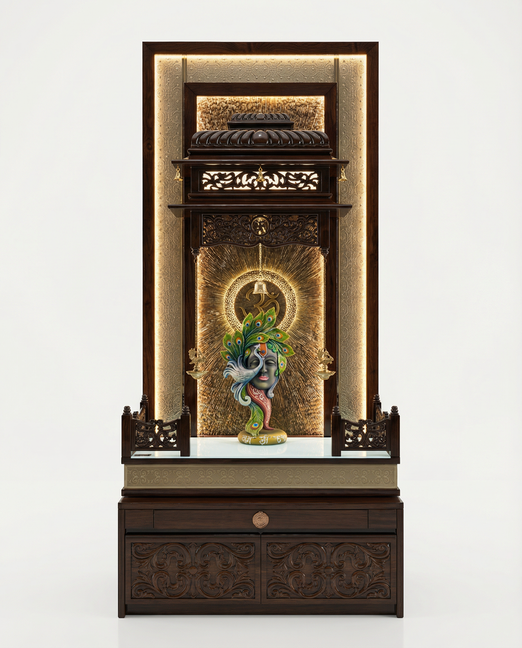 White Corian Mandir with LED Backlit Om Panel — 72" Floor-Standing Pooja Temple