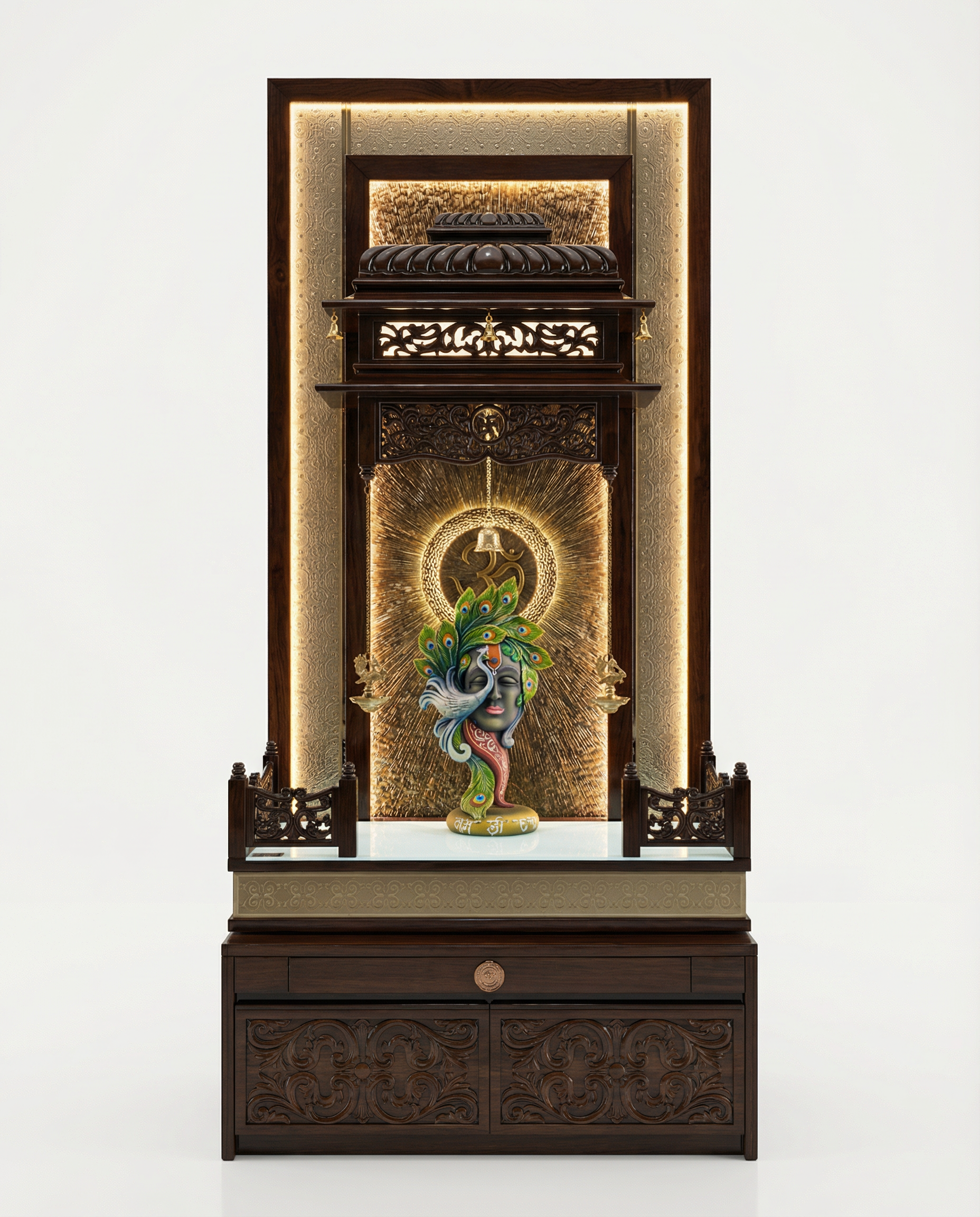 White Corian Mandir with LED Backlit Om Panel — 72" Floor-Standing Pooja Temple