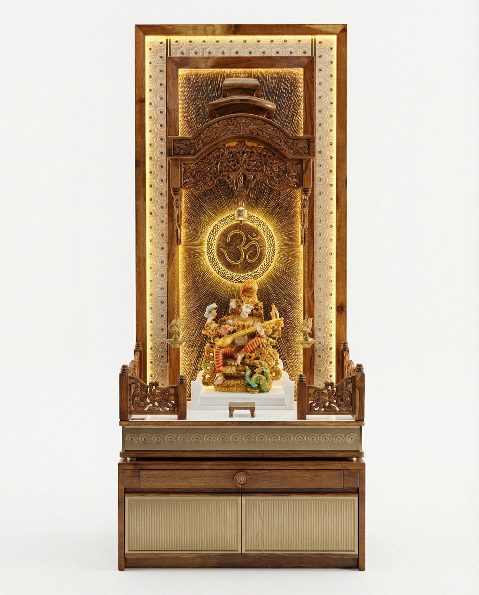 White Corian Mandir with LED Backlit Om Panel — 72" Floor-Standing Pooja Temple