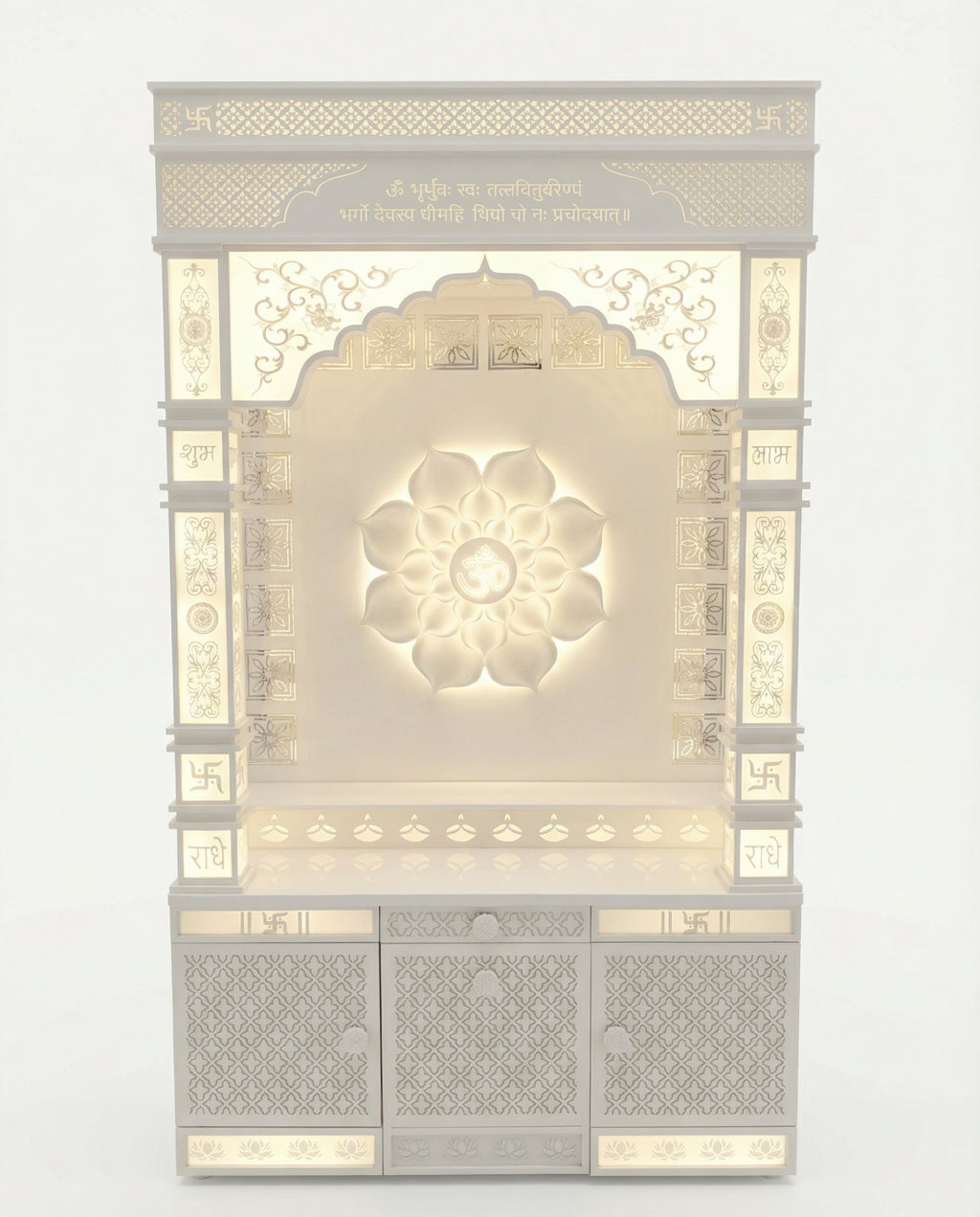 White Corian Mandir with LED Backlit Om Panel — 72" Floor-Standing Pooja Temple