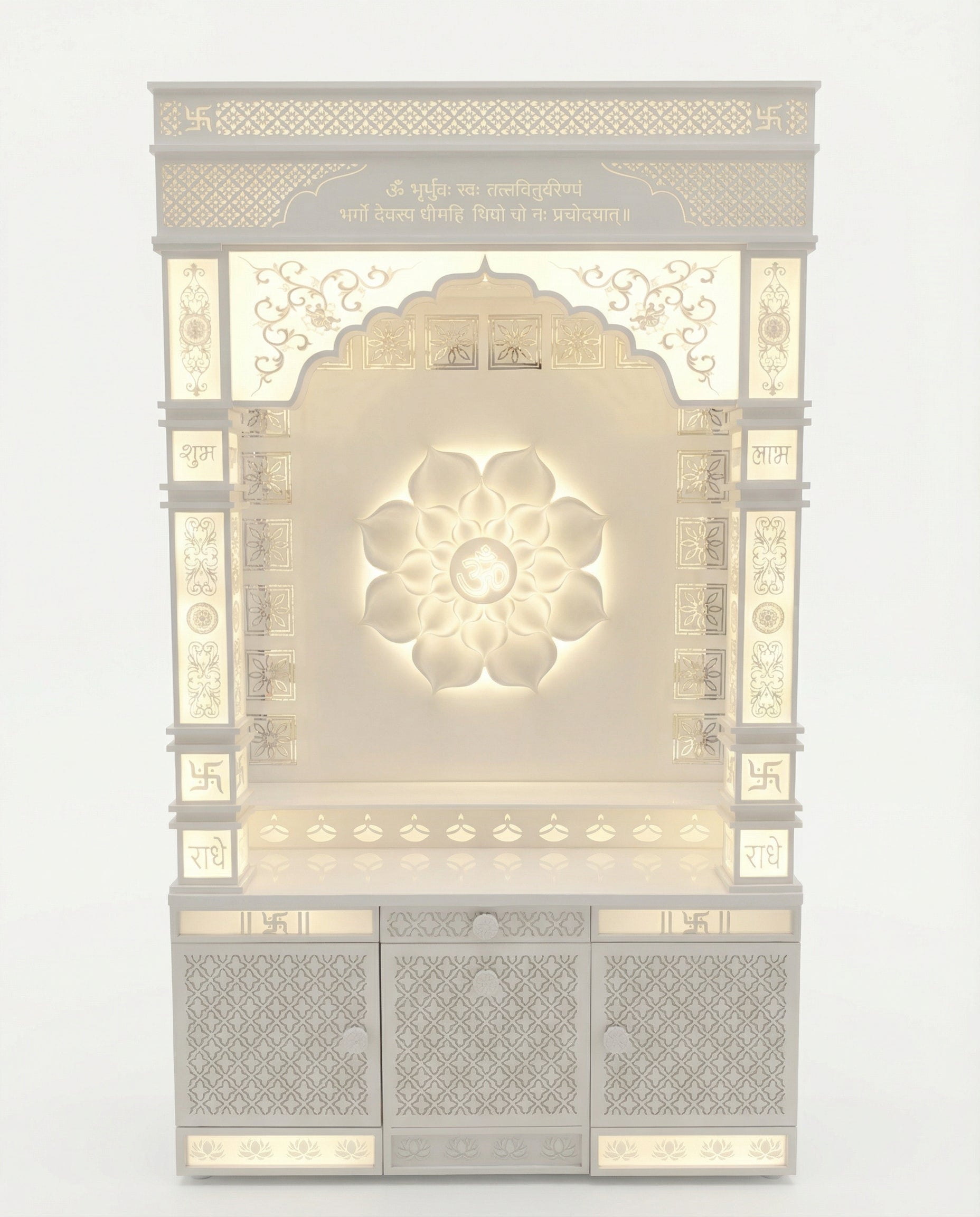 White Corian Mandir with LED Backlit Om Panel — 72" Floor-Standing Pooja Temple