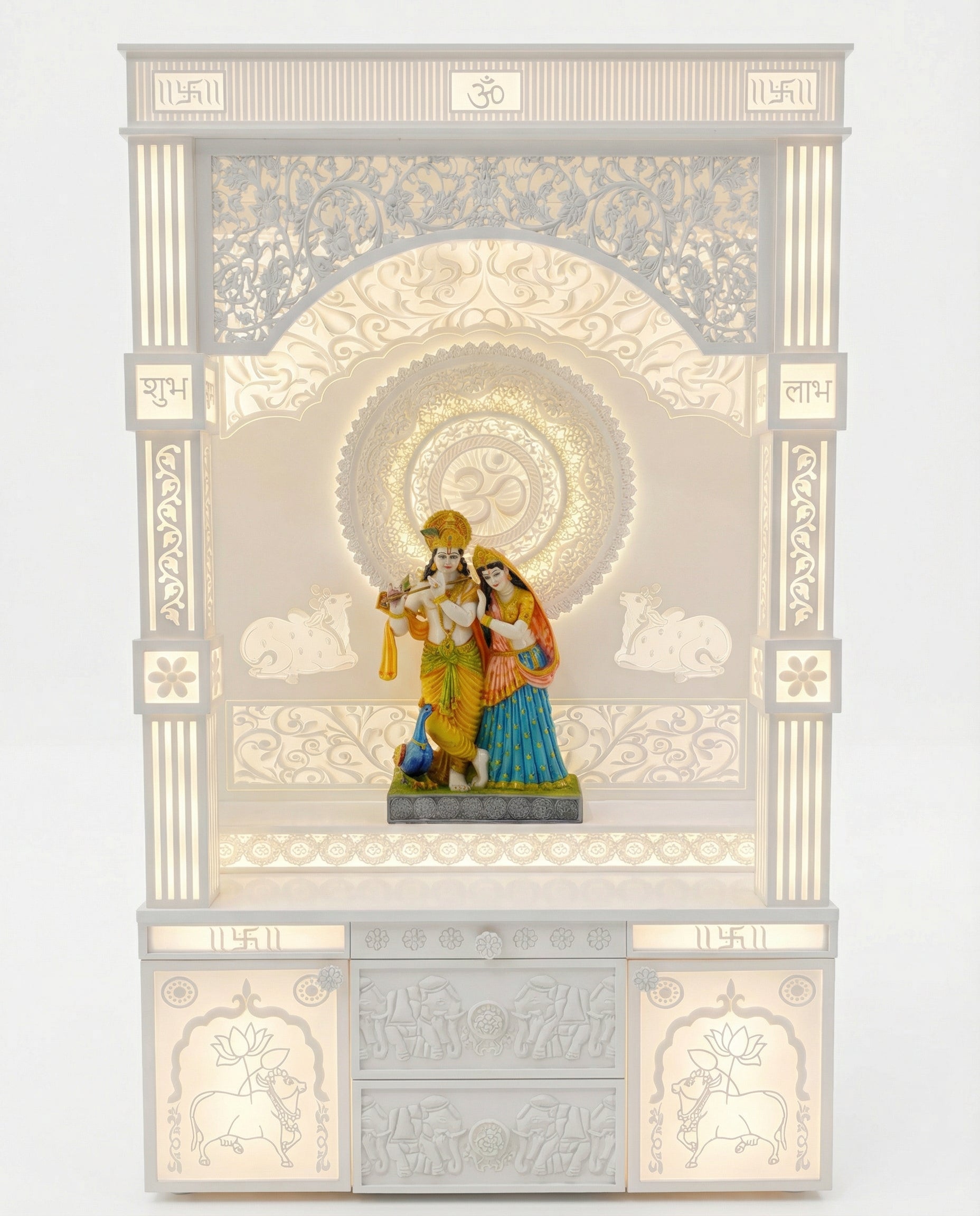 White Corian Mandir with LED Backlit Om Panel — 72" Floor-Standing Pooja Temple