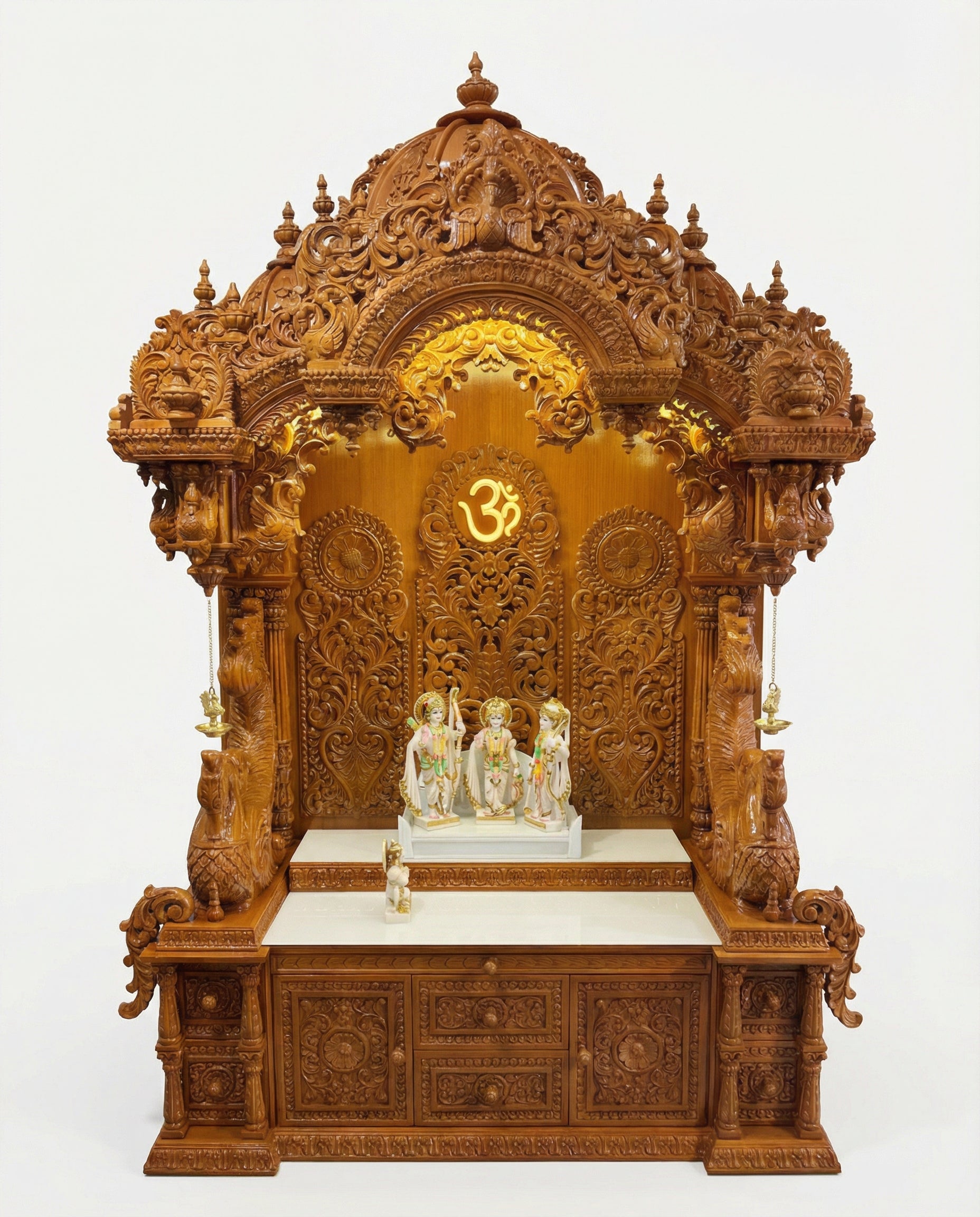 ISKCON-Style Heavy-Carved Sagwan Mandir — Grand Traditional Wooden Temple